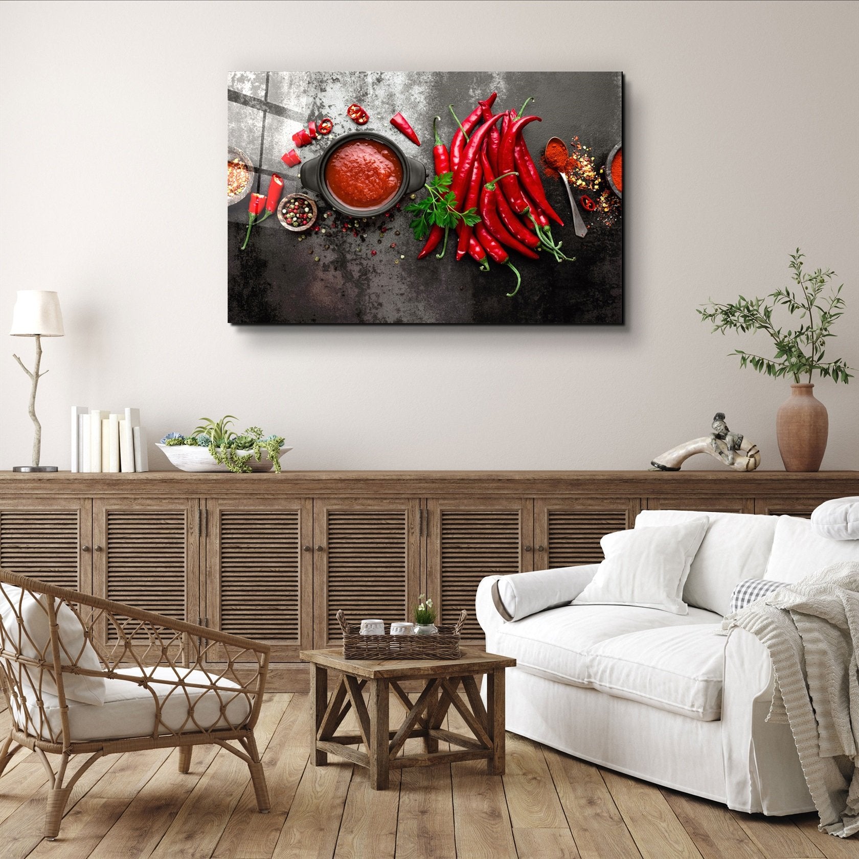 ・"Red Peppers and Sauce"・Glass Wall Art