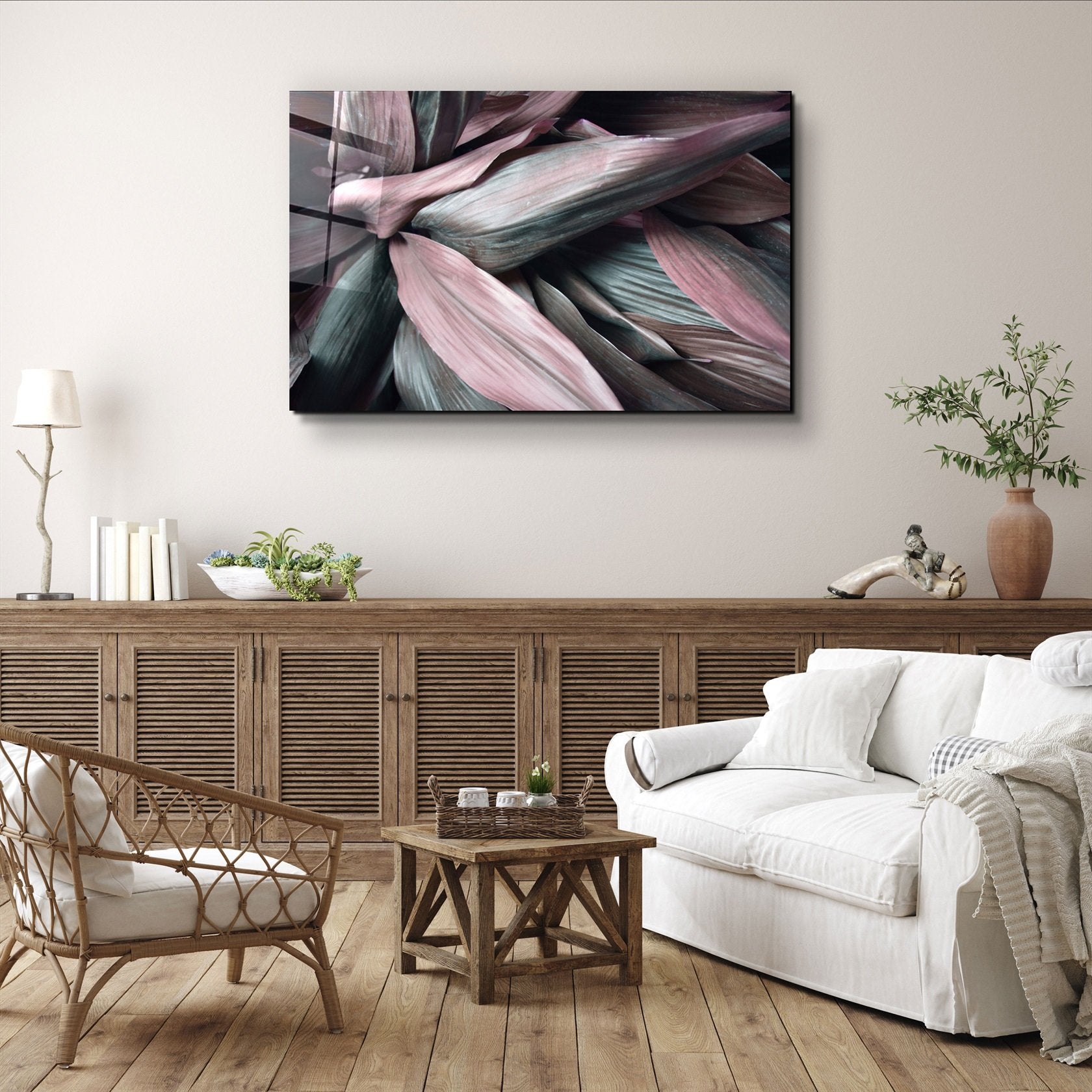 ・"Feuilles roses V2"・Art mural en verre