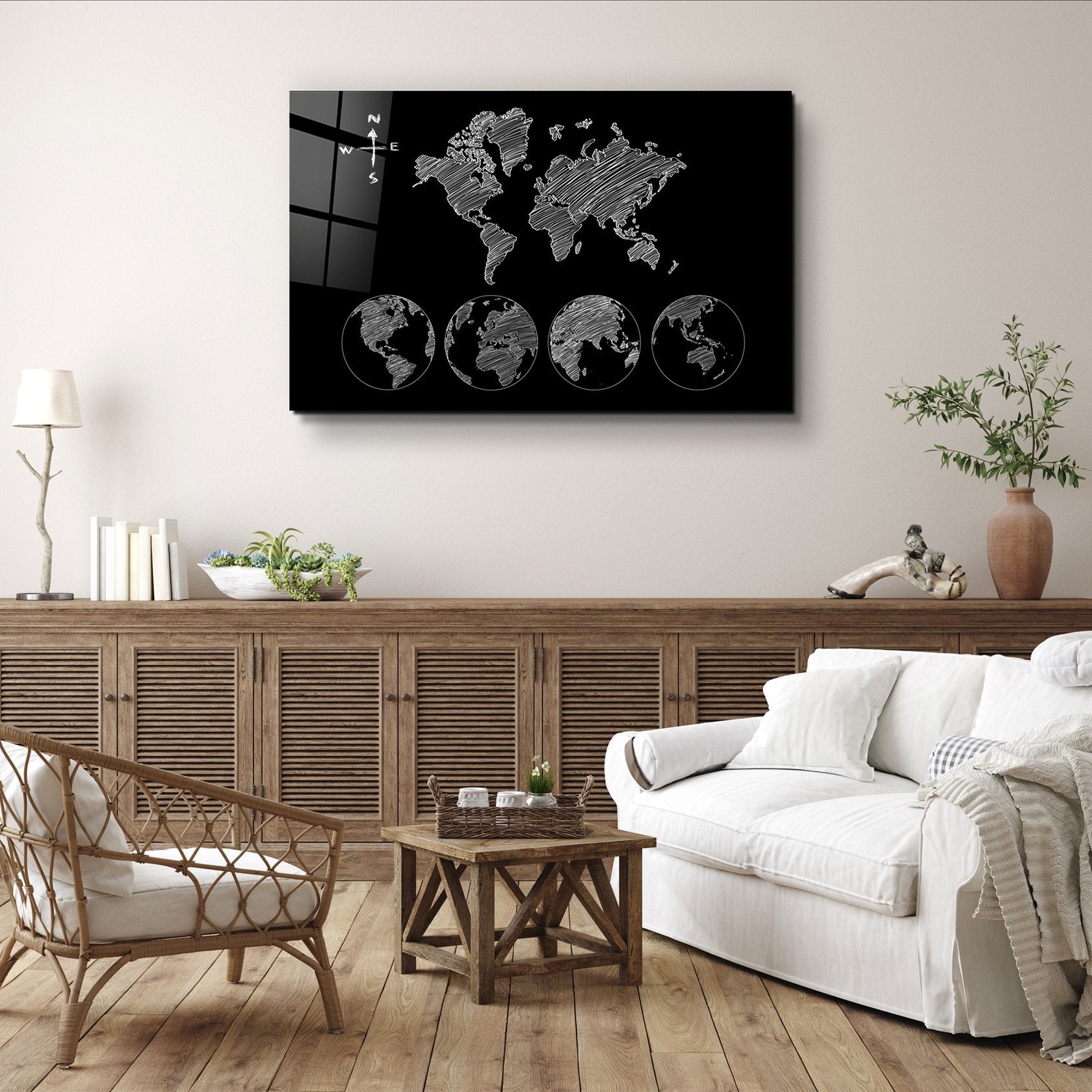 ・"World Map Black-White"・Glass Wall Art