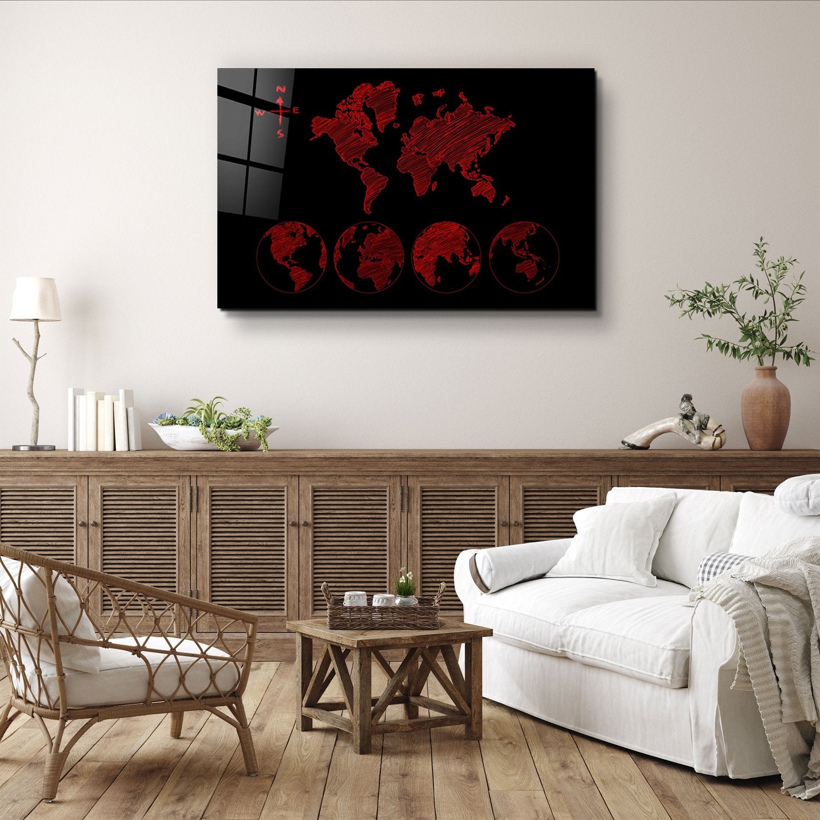 ・"World Map Black-Red"・Glass Wall Art