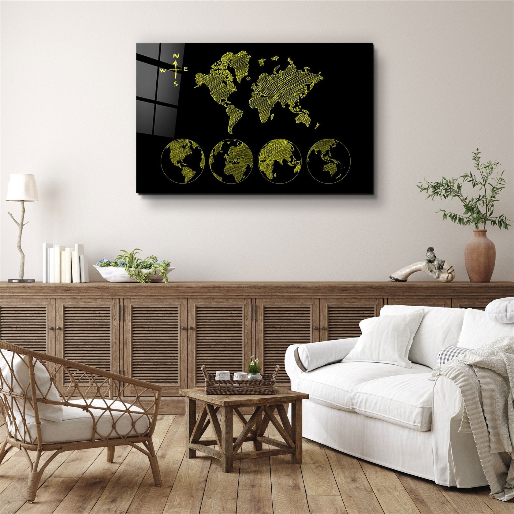 ・"World Map Black-Yellow"・Glass Wall Art