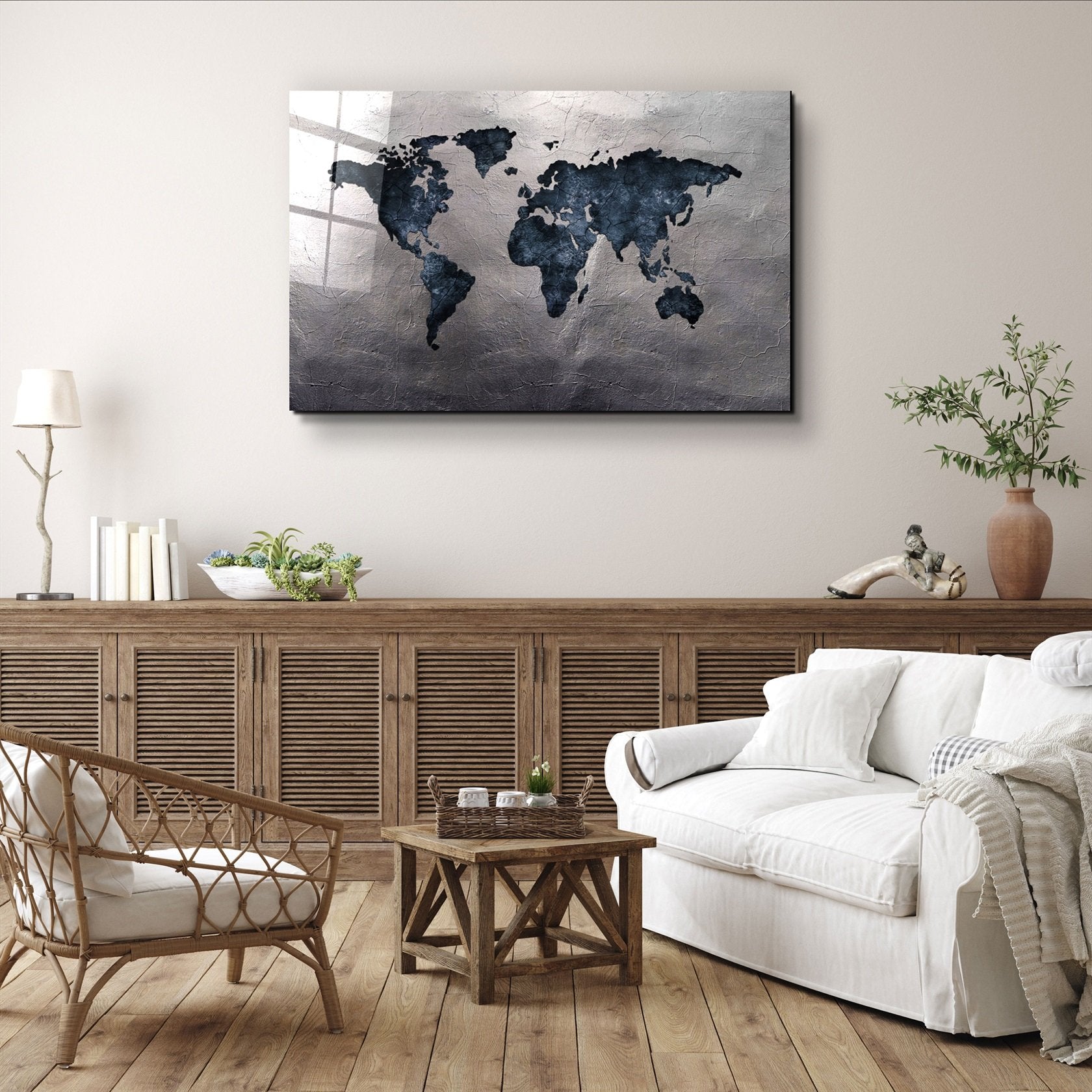 ・"World Map Blue-Silver2"・Glass Wall Art