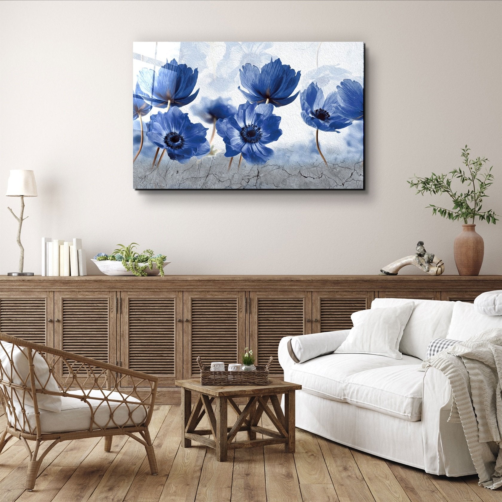 ・"Blue Flowers"・Glass Wall Art