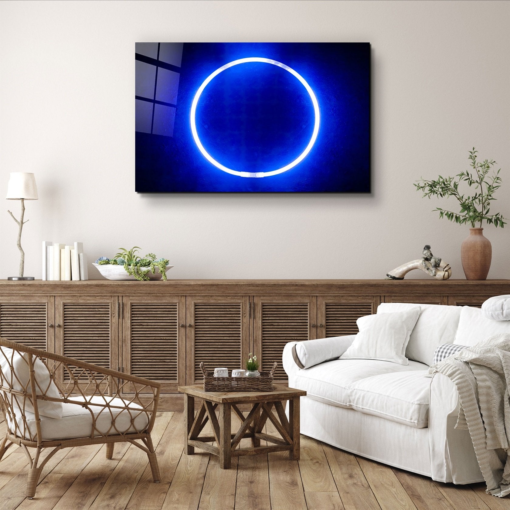 ・"Blue Circle Light"・Glass Wall Art