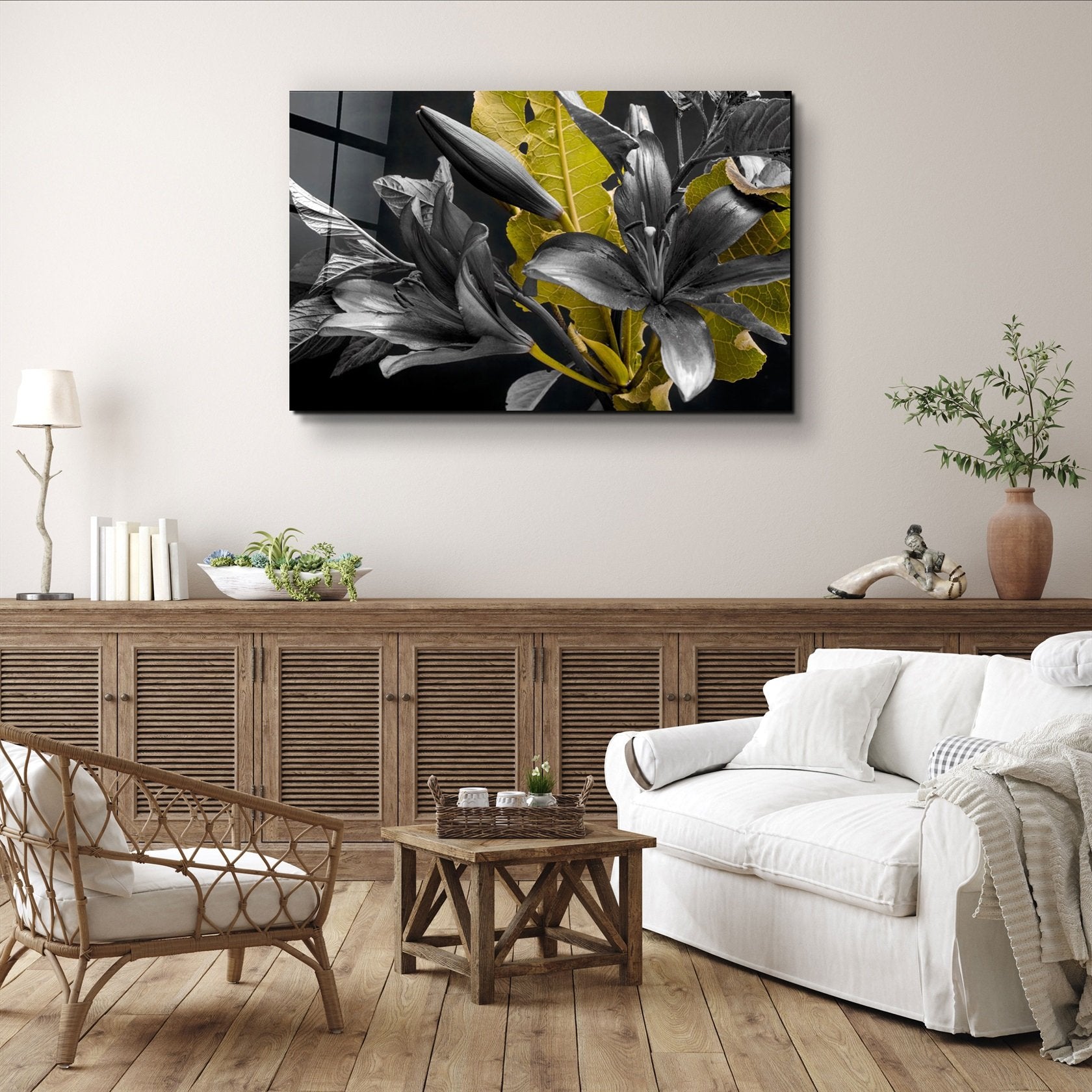 ・"Fleurs jaunes et noires"・Art mural en verre