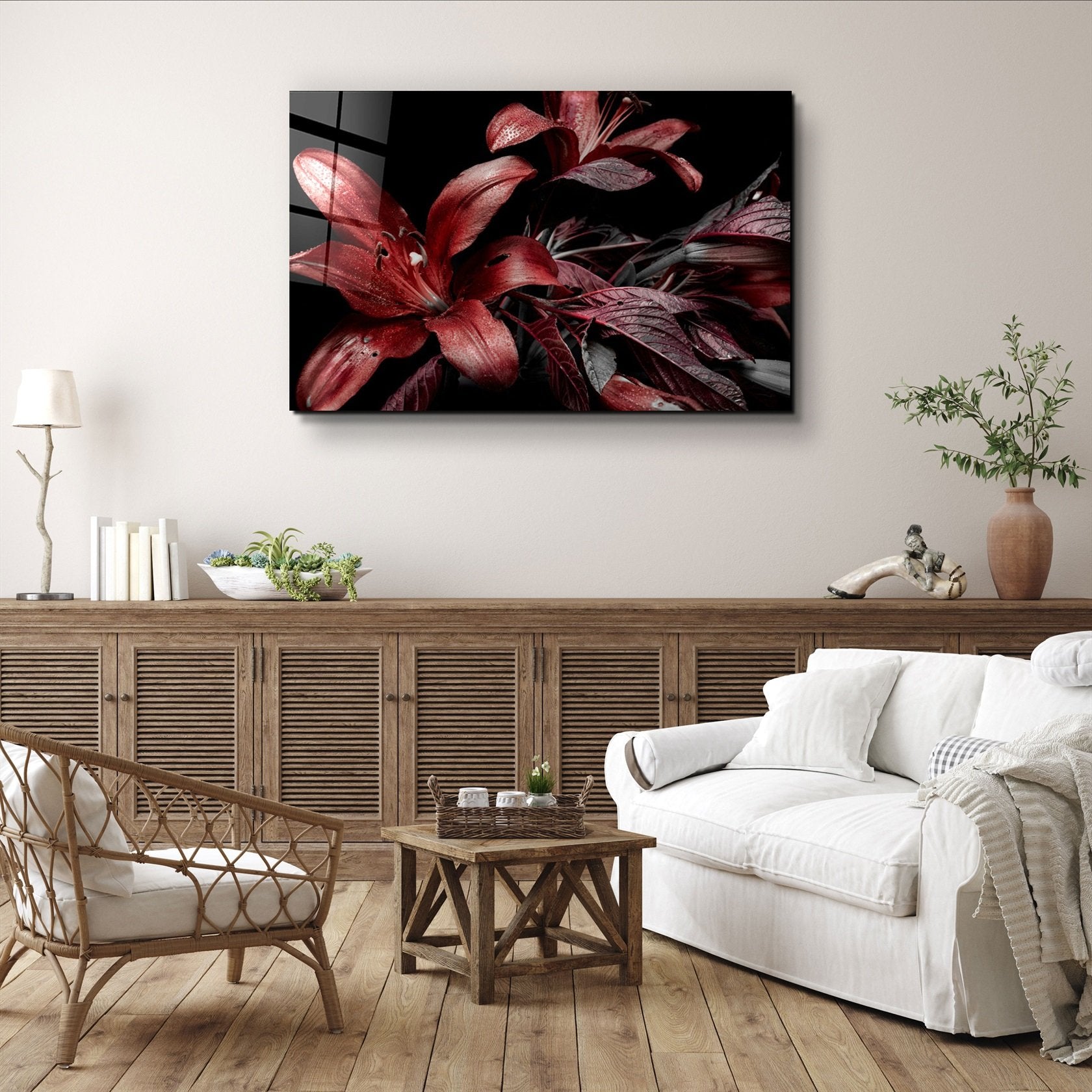 ・"Red and Black Flowers"・Glass Wall Art