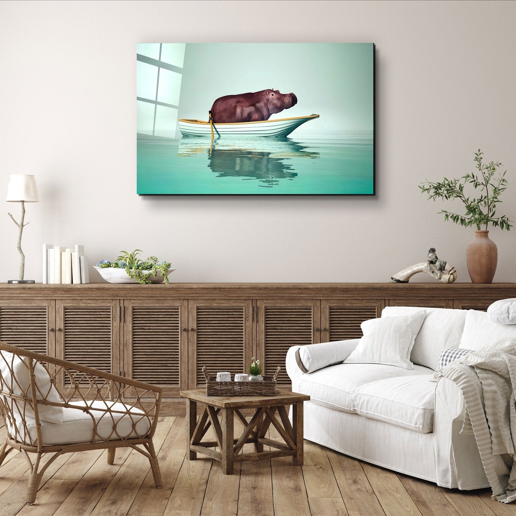 ・"Hippo on the Boat 1"・Glass Wall Art