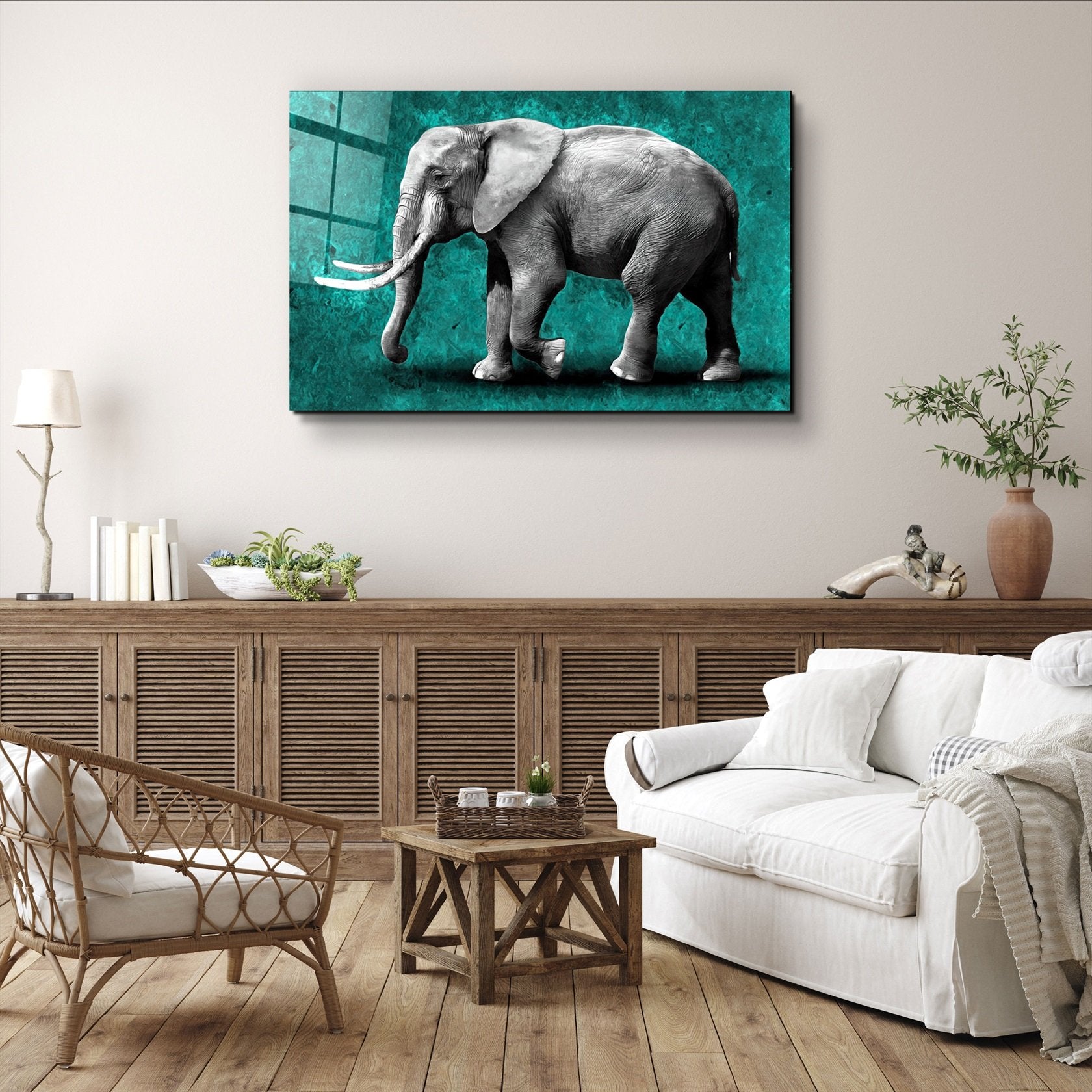 ・"Elephant Green"・Glass Wall Art