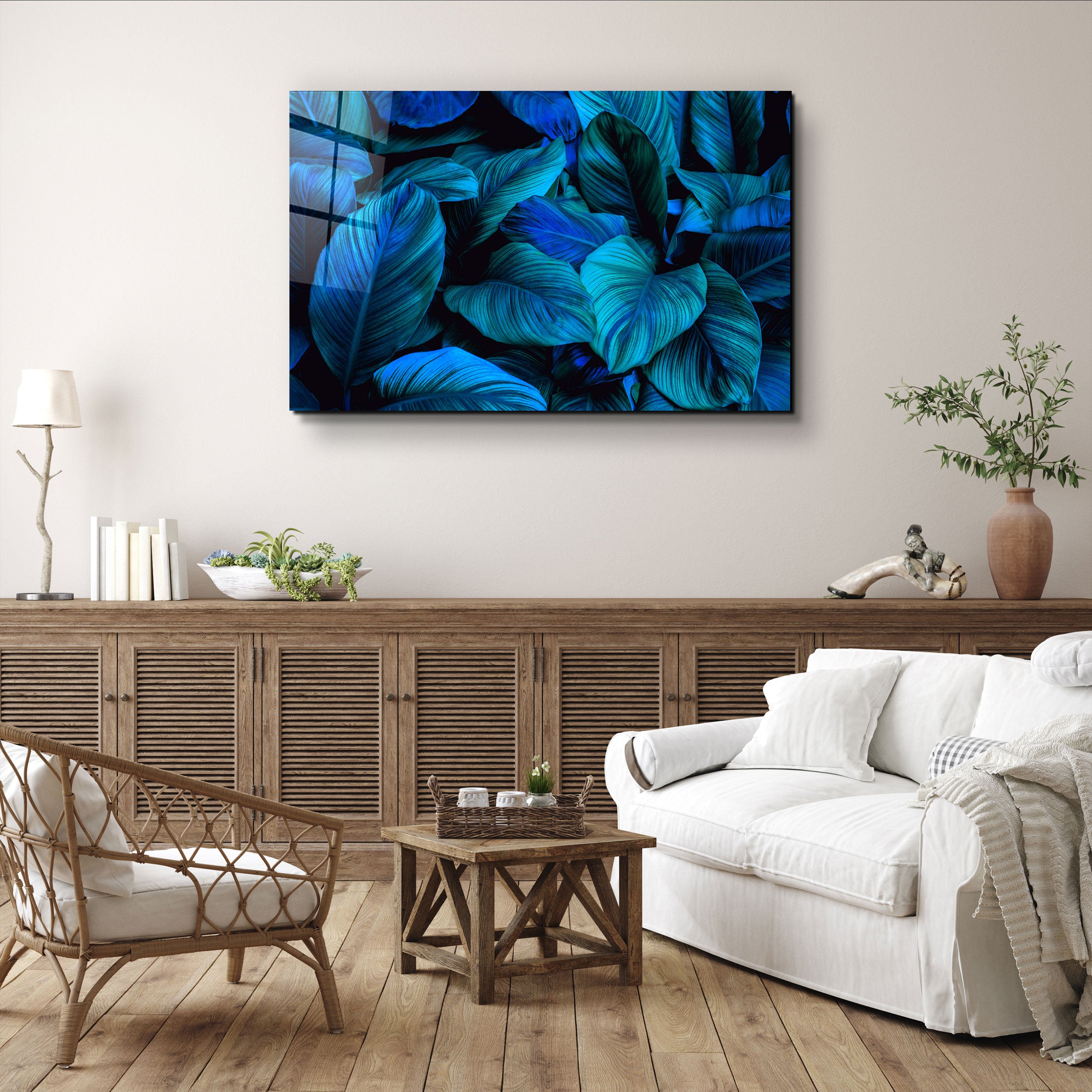 ・"Blue Leaves"・Glass Wall Art