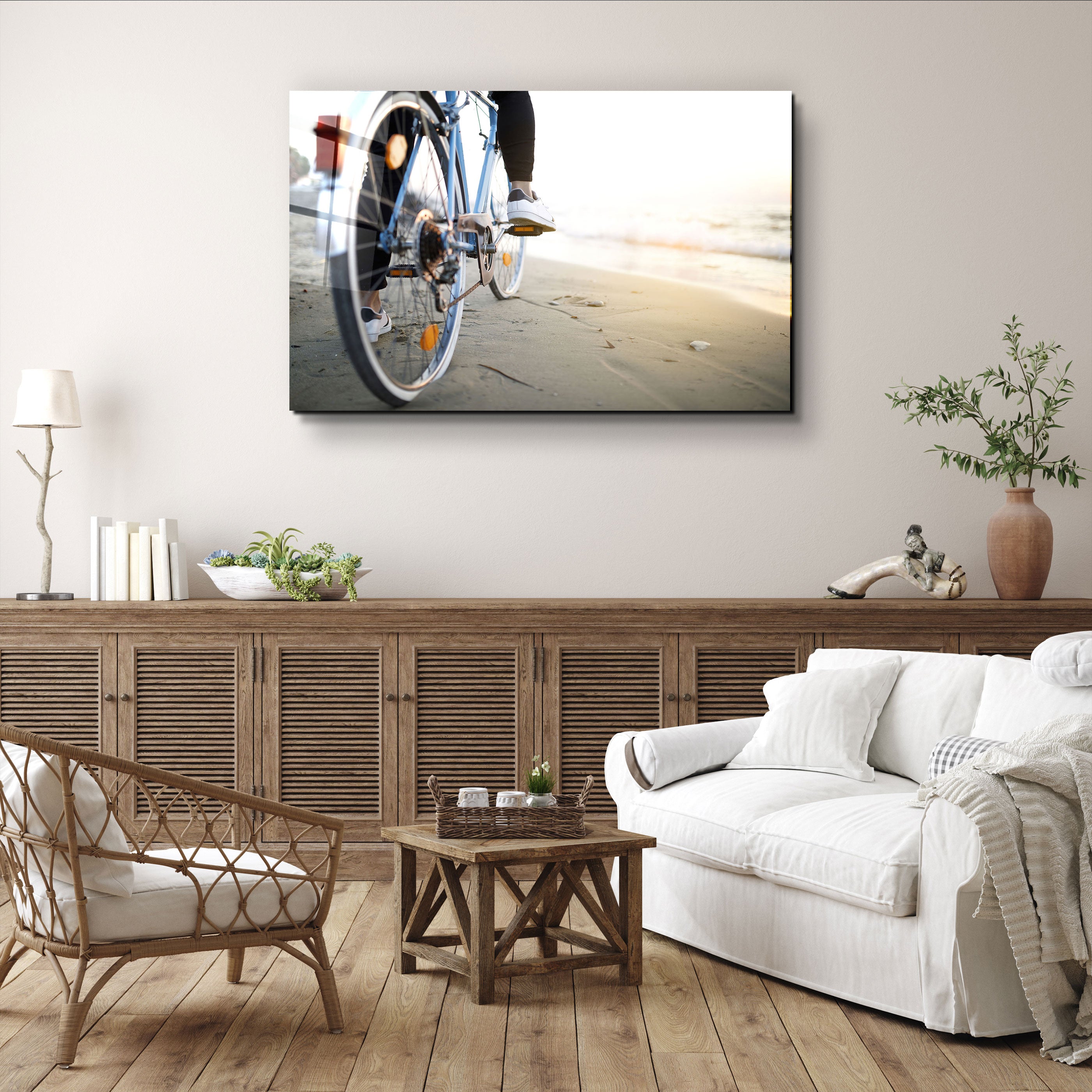 ・"Riding A Bike On The Calm Beach"・Glass Wall Art